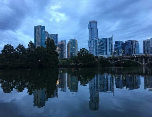 Austin TX skyline at dusk on boat